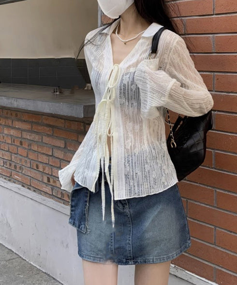 カーディガン 長袖 ボレロ 羽織り 薄手 レディース シアーシャツ 肌見せ 透け感 春夏トップス へそ出し UVケア 重ね着 カジュアル レイヤードコーデ リボン 77JCHU-001